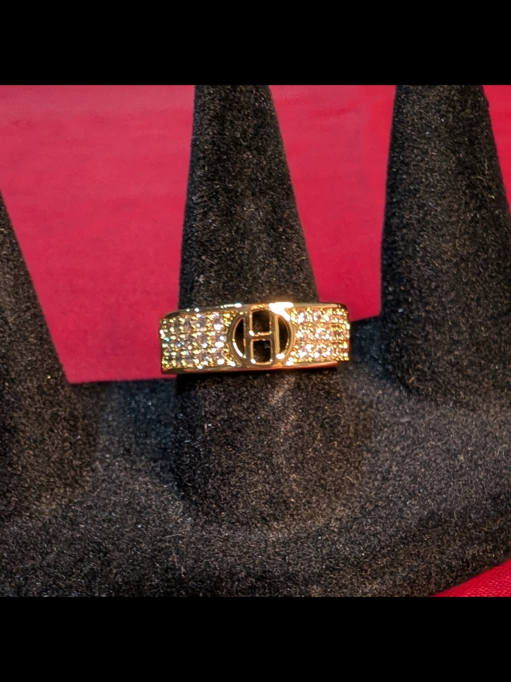 Gold Pavé Ring with 'H' Centerpiece